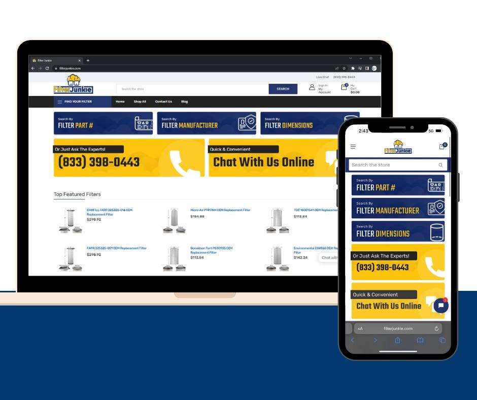 Filter Junkie responsive website shown on desktop and mobile